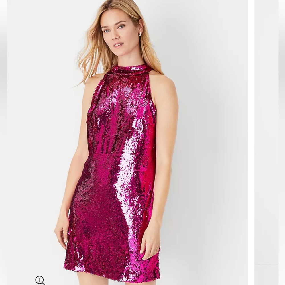 ANN TAYLOR Petite Sequin Mock Neck Shift Dress Berry Freeze Pink 4P NWT